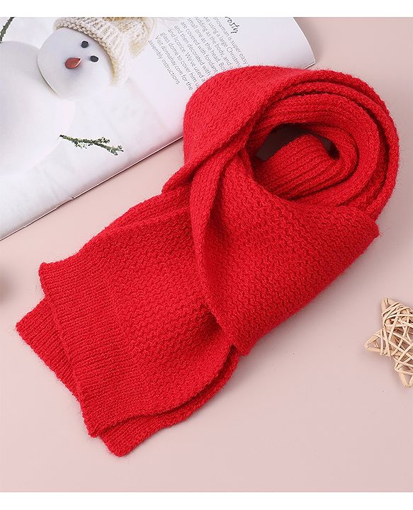 Babyhug Woollen Cap & Scarf with Bear Patch & Pom Pom - Red
