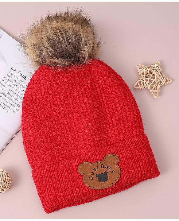 Babyhug Woollen Cap & Scarf with Bear Patch & Pom Pom - Red