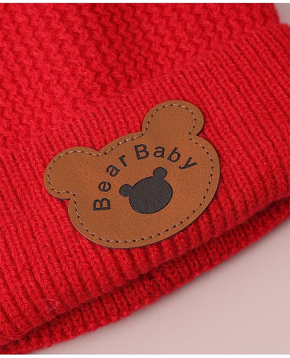 Babyhug Woollen Cap & Scarf with Bear Patch & Pom Pom - Red