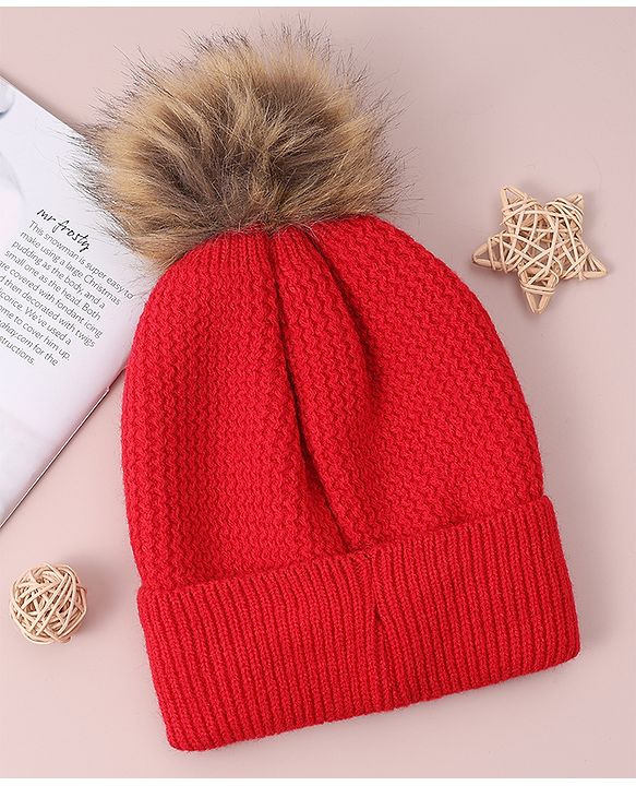 Babyhug Woollen Cap & Scarf with Bear Patch & Pom Pom - Red