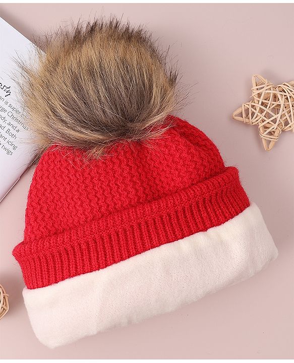 Babyhug Woollen Cap & Scarf with Bear Patch & Pom Pom - Red