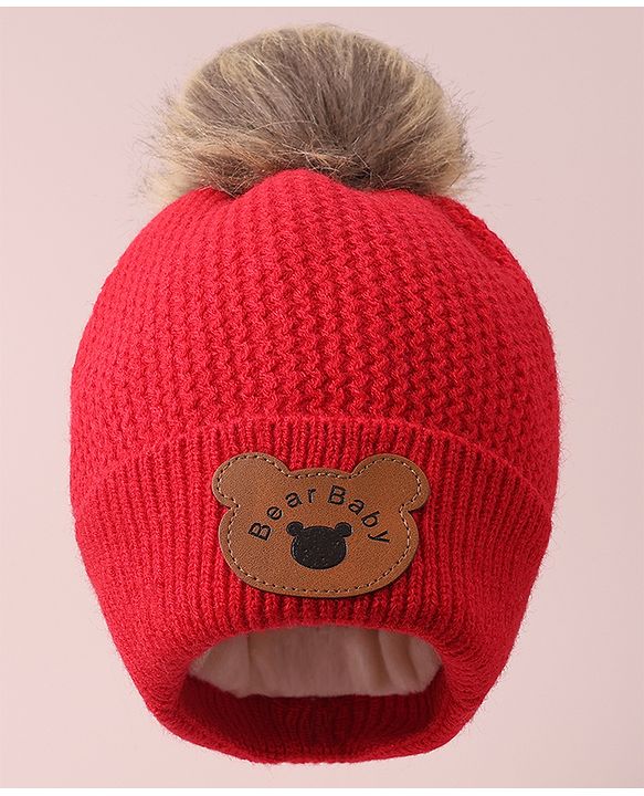 Babyhug Woollen Cap & Scarf with Bear Patch & Pom Pom - Red