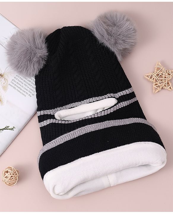 Babyhug Monkey Cap with Bear Applique -  Black