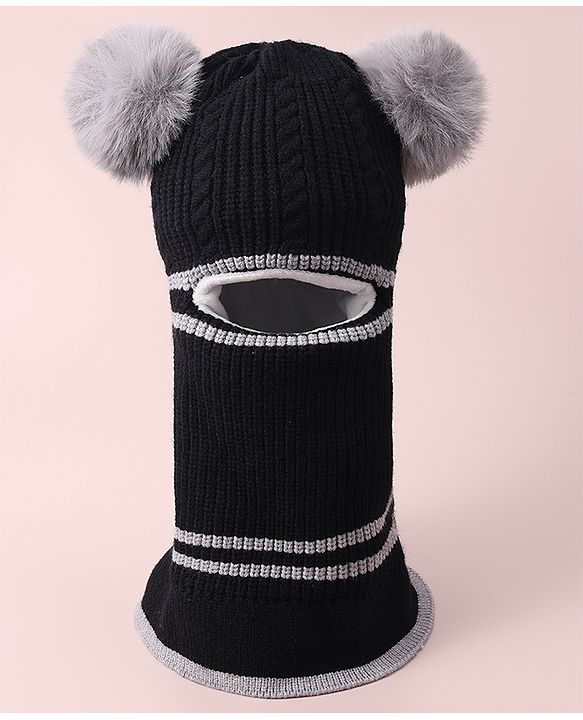 Babyhug Monkey Cap with Bear Applique -  Black