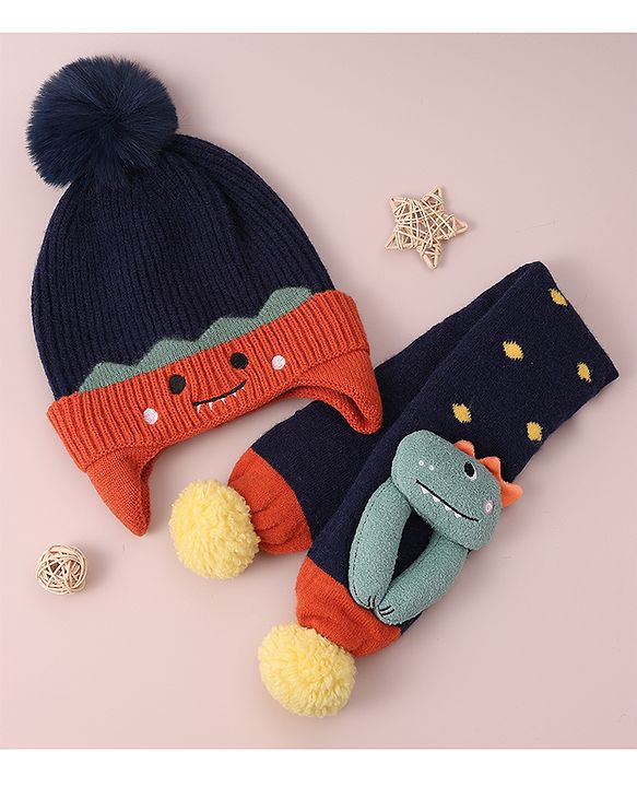Babyhug Woolen Cap & Muffler Set with Pom Pom - Dark Blue