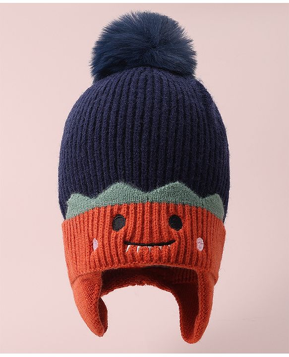Babyhug Woolen Cap & Muffler Set with Pom Pom - Dark Blue