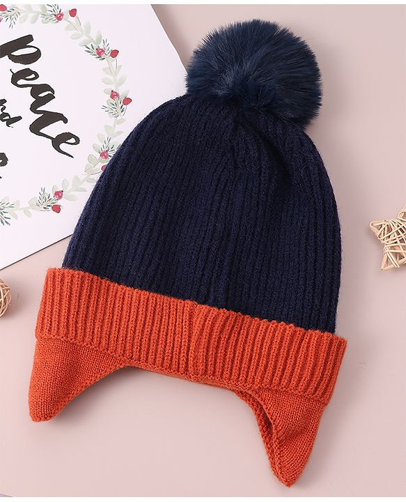 Babyhug Woolen Cap & Muffler Set with Pom Pom - Dark Blue