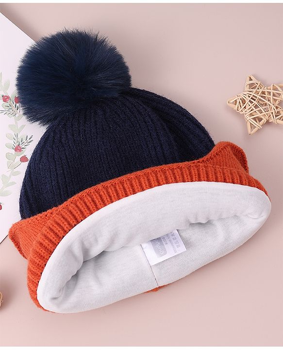 Babyhug Woolen Cap & Muffler Set with Pom Pom - Dark Blue