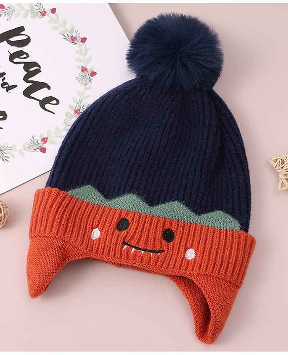 Babyhug Woolen Cap & Muffler Set with Pom Pom - Dark Blue