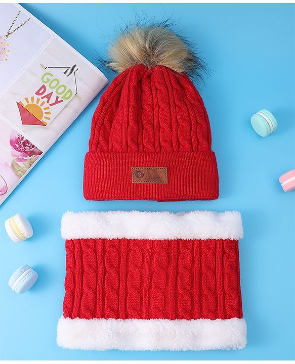 Pine Kids Woolen Cap & Muffler Set with Pom Pom - Red