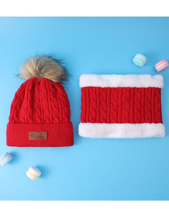 Pine Kids Woolen Cap & Muffler Set with Pom Pom - Red