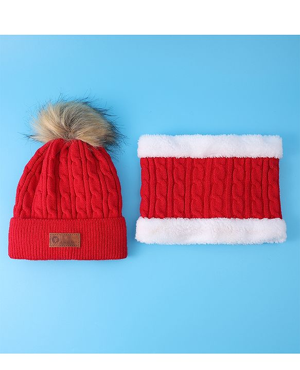 Pine Kids Woolen Cap & Muffler Set with Pom Pom - Red