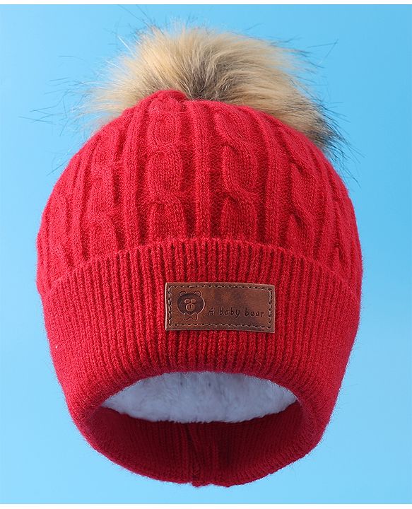 Pine Kids Woolen Cap & Muffler Set with Pom Pom - Red