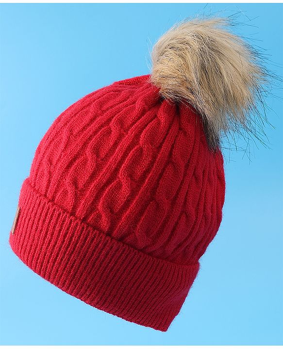 Pine Kids Woolen Cap & Muffler Set with Pom Pom - Red