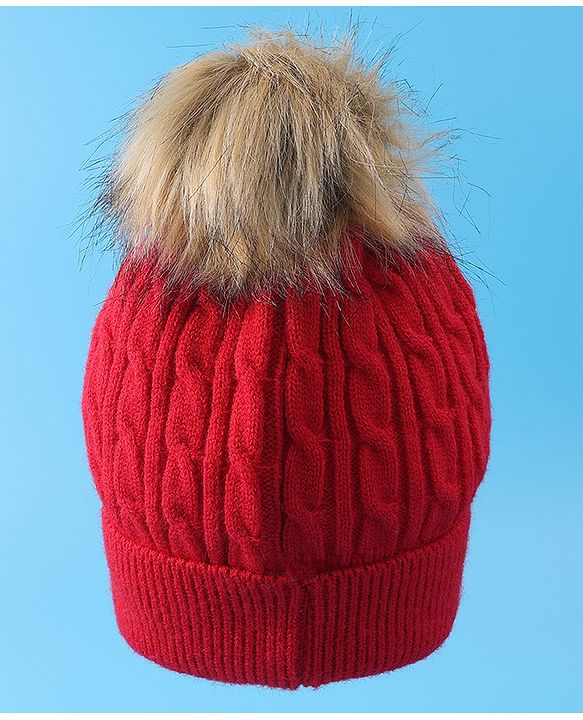 Pine Kids Woolen Cap & Muffler Set with Pom Pom - Red
