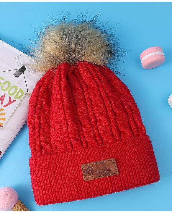 Pine Kids Woolen Cap & Muffler Set with Pom Pom - Red