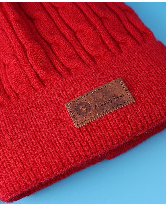 Pine Kids Woolen Cap & Muffler Set with Pom Pom - Red