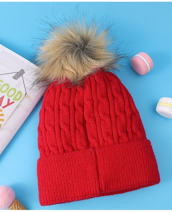 Pine Kids Woolen Cap & Muffler Set with Pom Pom - Red