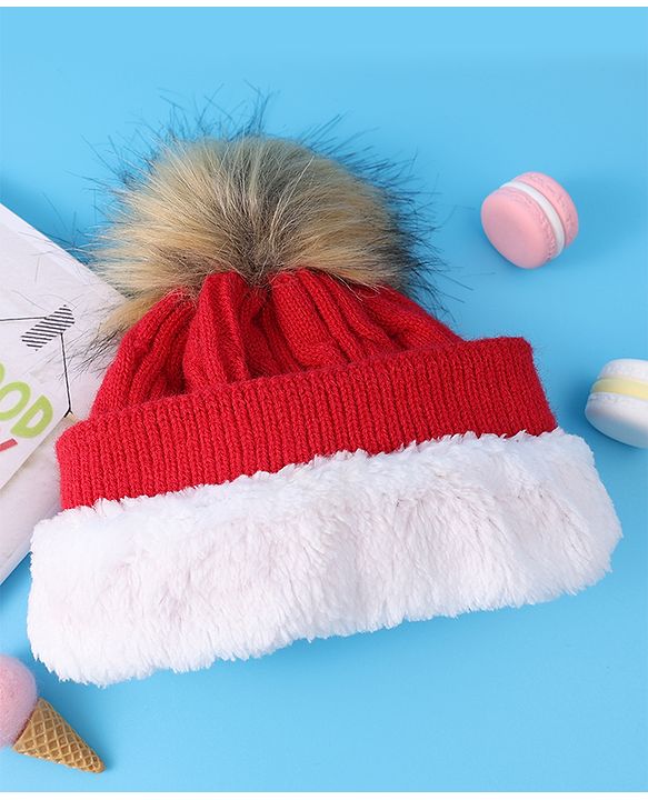 Pine Kids Woolen Cap & Muffler Set with Pom Pom - Red