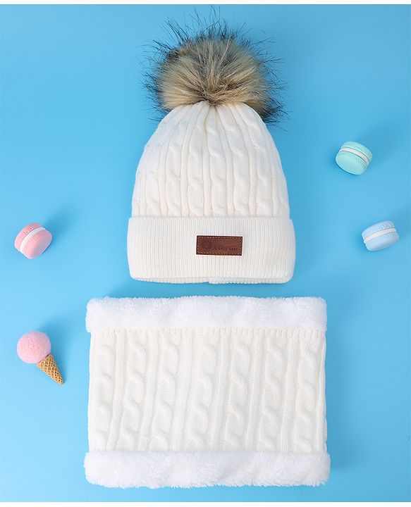 Pine Kids Woolen Cap & Muffler Set with Pom Pom - Red