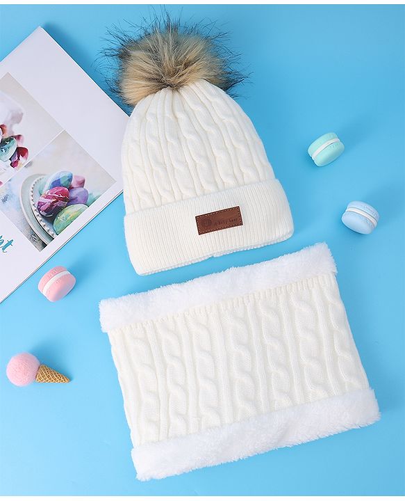 Pine Kids Woolen Cap & Muffler Set with Pom Pom - Red