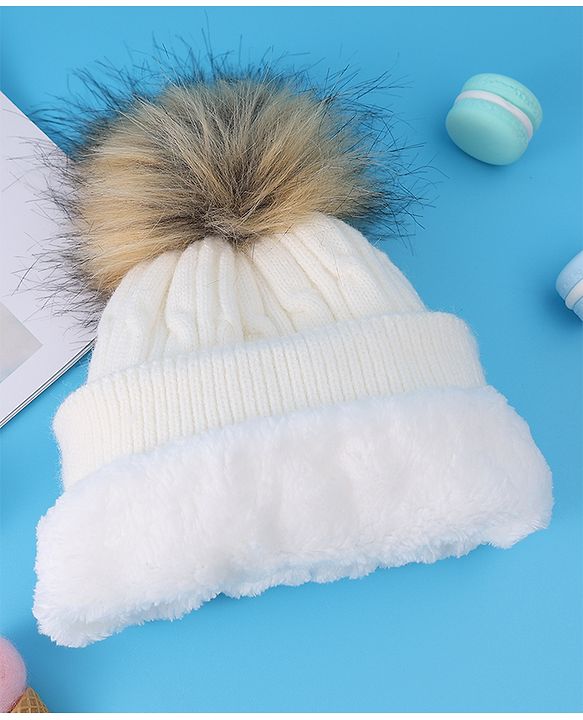 Pine Kids Woolen Cap & Muffler Set with Pom Pom - White