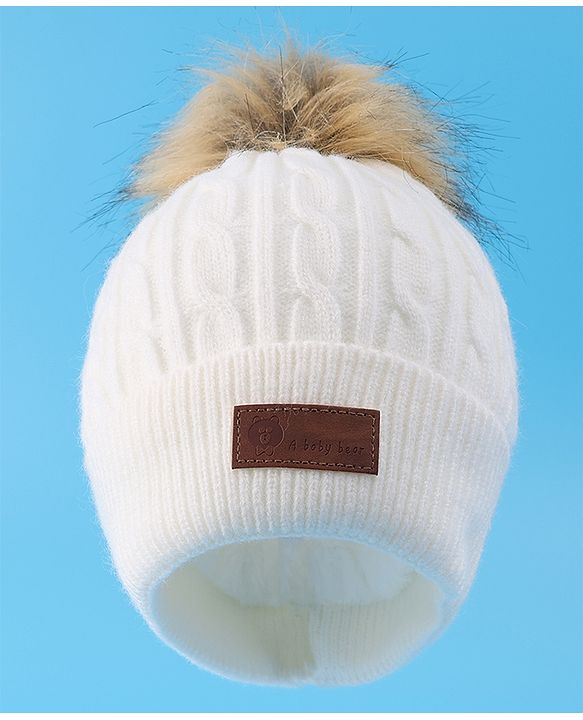 Pine Kids Woolen Cap & Muffler Set with Pom Pom - White
