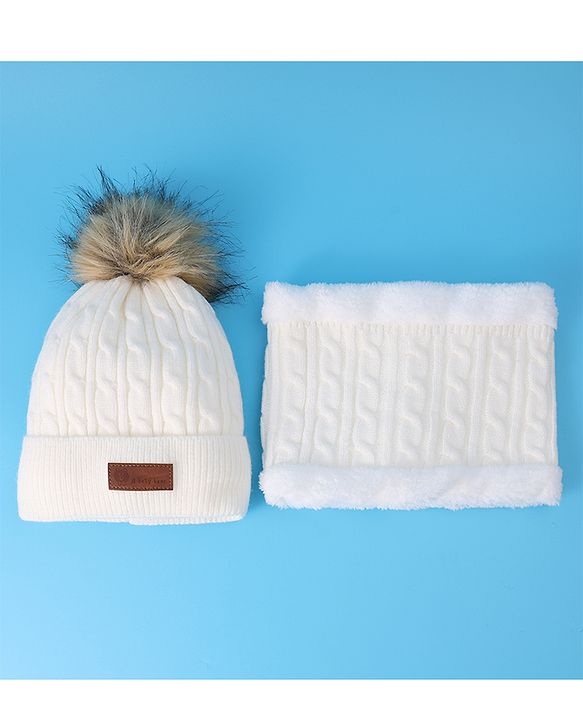 Pine Kids Woolen Cap & Muffler Set with Pom Pom - White