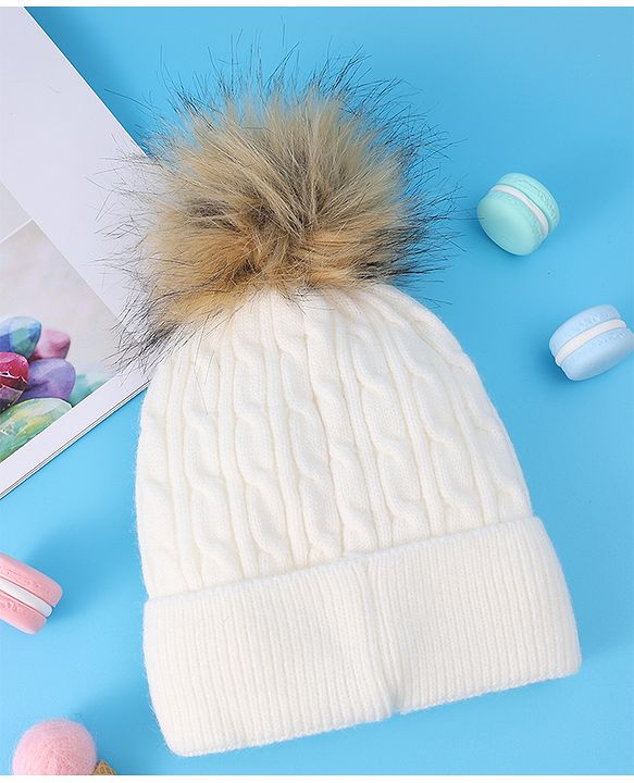Pine Kids Woolen Cap & Muffler Set with Pom Pom - White