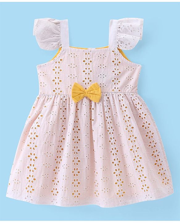 Babyhug Woven Frill Sleeves Frock With Bow Applique - White