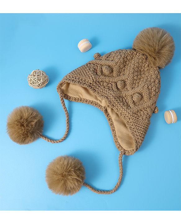 Pine Kids  Cable Knit Pom Pom Woollen Cap with Knot - Light Brown