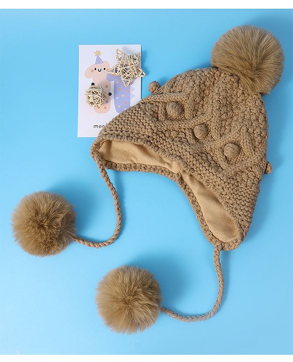 Pine Kids  Cable Knit Pom Pom Woollen Cap with Knot - Light Brown
