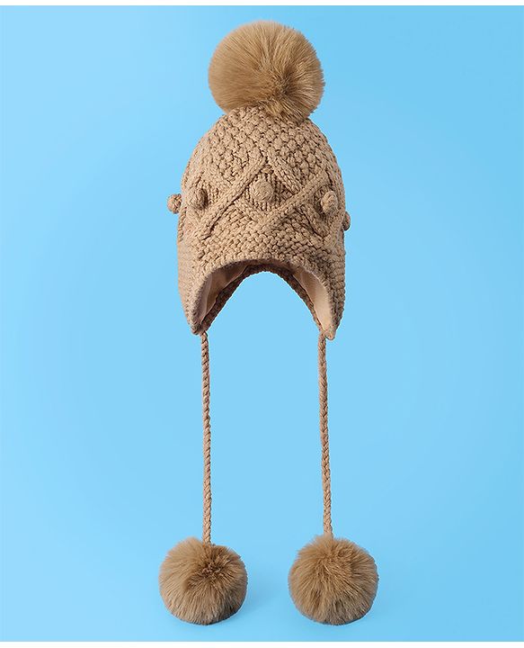 Pine Kids  Cable Knit Pom Pom Woollen Cap with Knot - Light Brown