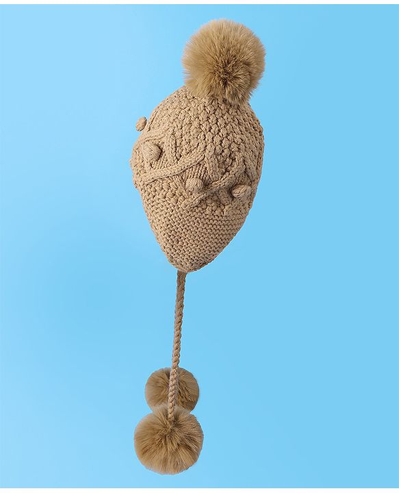 Pine Kids  Cable Knit Pom Pom Woollen Cap with Knot - Light Brown