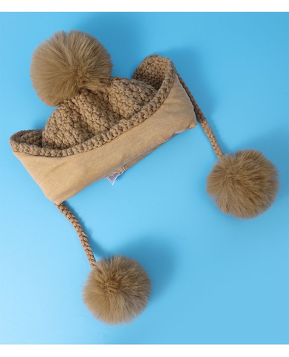 Pine Kids  Cable Knit Pom Pom Woollen Cap with Knot - Light Brown