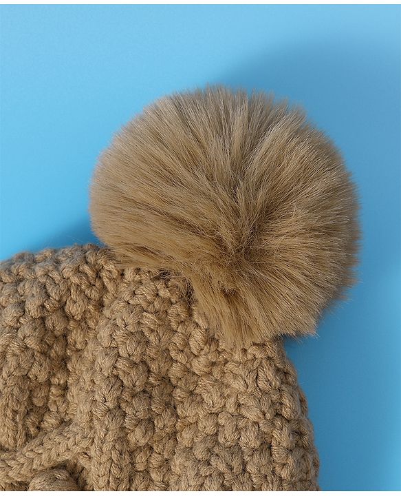 Pine Kids  Cable Knit Pom Pom Woollen Cap with Knot - Light Brown