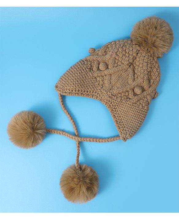Pine Kids  Cable Knit Pom Pom Woollen Cap with Knot - Light Brown