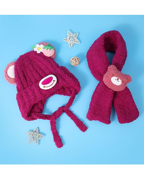 Babyhug Woolen Cap & Muffler Set with Teddy Bear Applique - Fuchsia