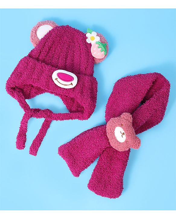 Babyhug Woolen Cap & Muffler Set with Teddy Bear Applique - Fuchsia
