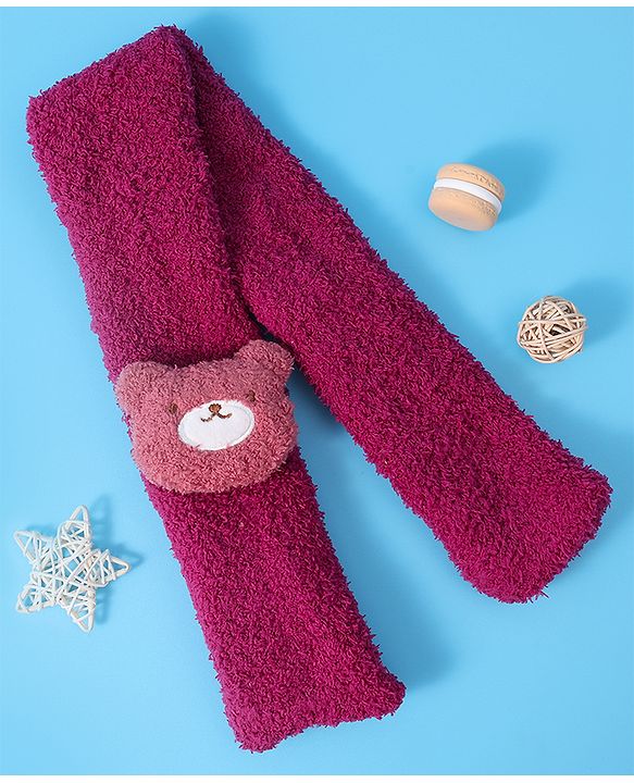 Babyhug Woolen Cap & Muffler Set with Teddy Bear Applique - Fuchsia