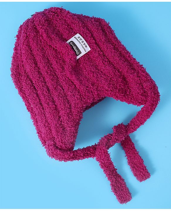 Babyhug Woolen Cap & Muffler Set with Teddy Bear Applique - Fuchsia
