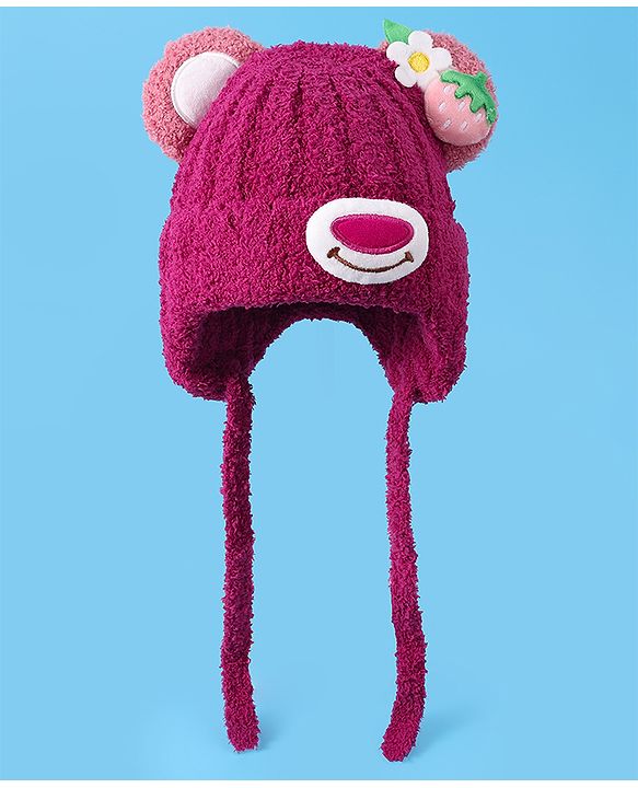 Babyhug Woolen Cap & Muffler Set with Teddy Bear Applique - Fuchsia