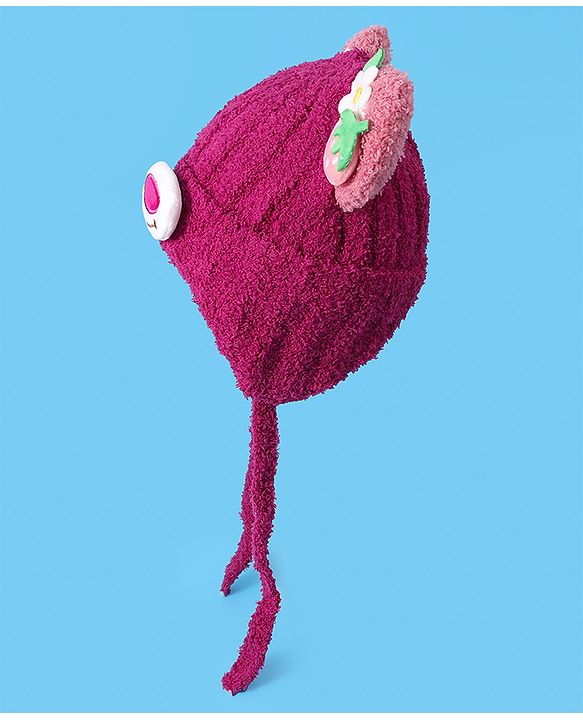 Babyhug Woolen Cap & Muffler Set with Teddy Bear Applique - Fuchsia