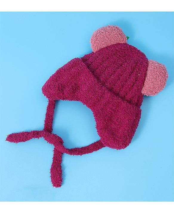 Babyhug Woolen Cap & Muffler Set with Teddy Bear Applique - Fuchsia