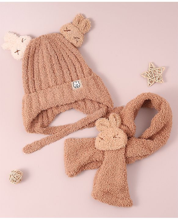 Babyhug Woollen Cap & Sets with Knot & Applique - Brown