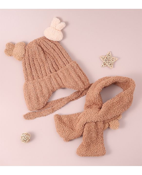 Babyhug Woollen Cap & Sets with Knot & Applique - Brown