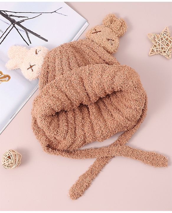 Babyhug Woollen Cap & Sets with Knot & Applique - Brown