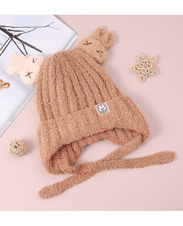 Babyhug Woollen Cap & Sets with Knot & Applique - Brown