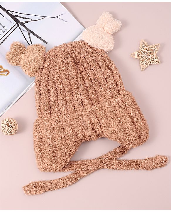 Babyhug Woollen Cap & Sets with Knot & Applique - Brown