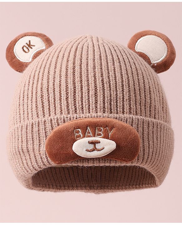 Babyhug Woollen Cap with Knot & Applique - Beige